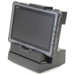 F110 tablet installed in ruggedized all metal tabletop or bench-mounted dock with port replication right oblique view